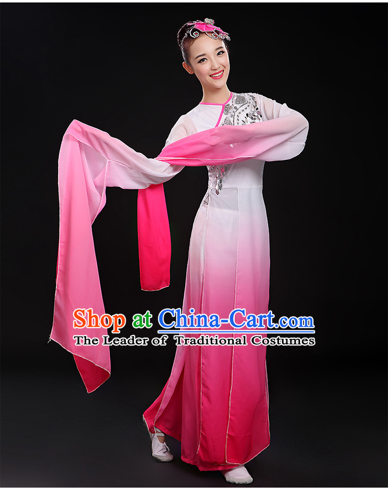 Color Transition Water Sleeve Classical Dancing Costume and Headdress Complete Set for Women or Girls