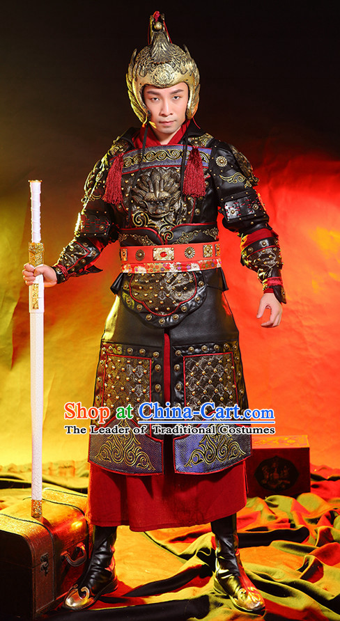 Ancient Chinese Knight Superhero General Armor Costumes and Hat Complete Set for Men