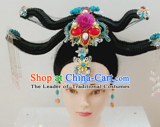 Ancient Chinese Fairy Beauty Long Black Wigs and Hair Jewelry Hairpieces