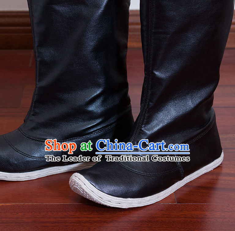 Ancient Chinese Handmade Feather Long Black Boots for Men