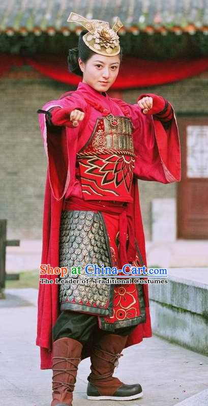 Asian Chinese Ancient Superheroine General Warrior Body Armor Costumes and Headgear Complete Set for Women and Girls