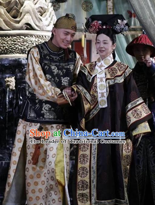 Qing Chinese Style Authentic Emperor Clothes Culture Costume Han Dresses Traditional National Dress Clothing and Headwear Complete Set for Men Boys