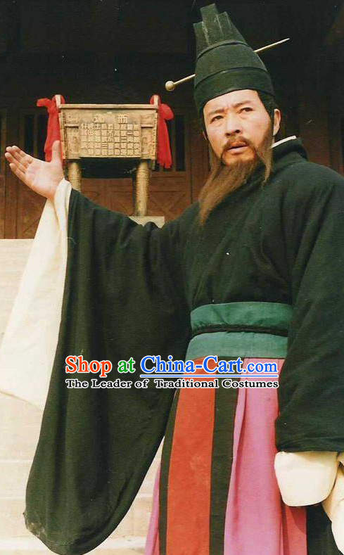 Ancient Chinese Style Minister Long Robe Dress Authentic Chancellor Clothes Culture Costume Han Dresses Traditional National Dress Clothing and Headwear Complete Set for Men