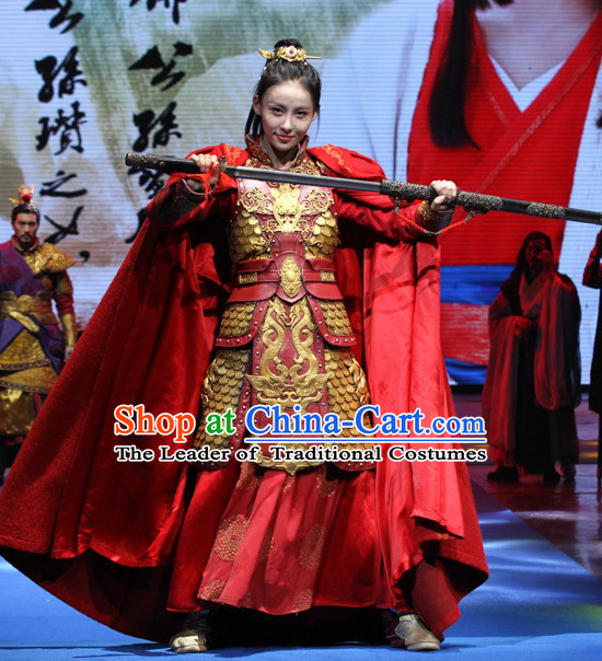 Ancient Chinese Style Superheroine Armor Costumes Dress Authentic Clothes Culture Han Dresses Traditional National Dress Clothing and Headpieces Complete Set