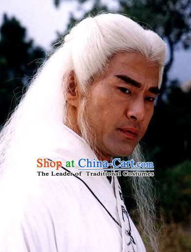 Ancient Chinese Style White Male Long Black Wigs and Headband Set for Old Men
