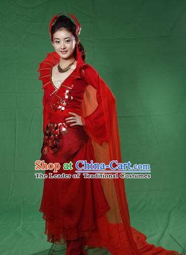 Traditional Chinese Style Red Fantasy Wedding Dress and Hair Jewelry Complete Set for Women