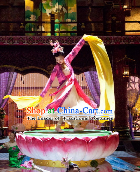 Long Sleeves Traditional Chinese Style Palace Dancer Costume and Hair Jewelry Complete Set for Women