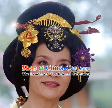 Traditional Ancient Chinese Style Imperial Palace Royal Princess Queen Empress Black Full Wigs and Headpieces Hair Jewelry Set for Women and Girls