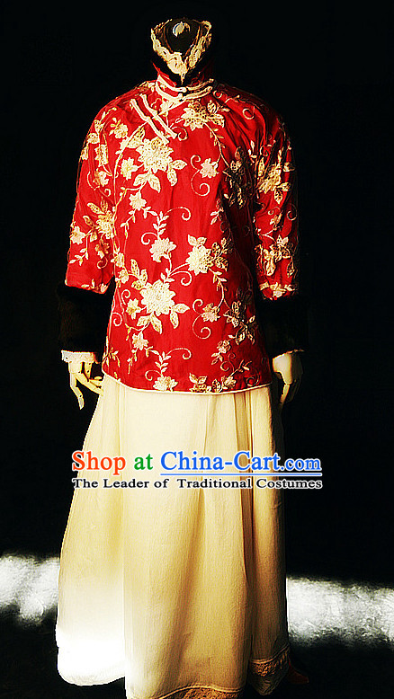 Chinese Traditional Mandarin Minguo High Collar Wedding Dresses Complete Set for Women Girls