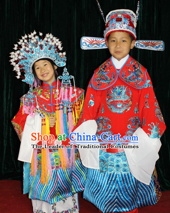 Chinese Opera Bridal Wedding Costumes and Hats 2 Complete Sets for Children Boys and Girls