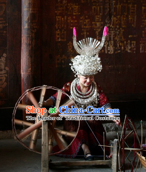 Chinese Traditional Miao Ethnic Clothing and Silver Hat Complete Set for Women or Girls