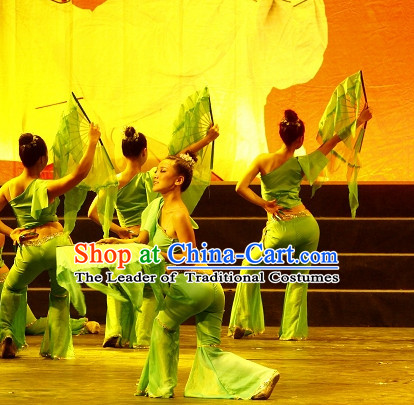 Chinese Green Leaf One Shoulder Dancewear Costumes Dancer Costumes Girls Dance Costumes Chinese Dance Clothes Traditional Chinese Clothes
