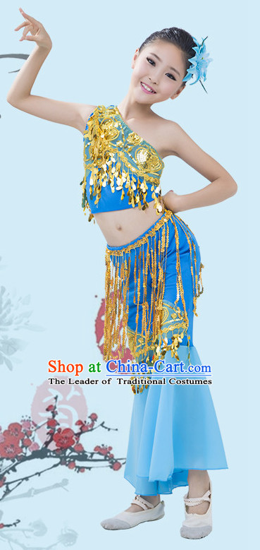 Light Blue Chinese Traditional Stage Dai Minority Ethnic Peacock Dance Dancewear Costumes Dancer Costumes Dance Costumes Clothes and Headdress Complete Set for Girls Kids
