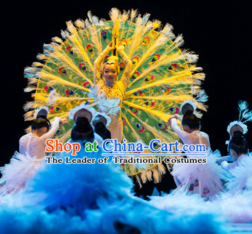 Chinese Primary School Students Peacock Dance Outfits Costumes Complete Set for Kids Girls