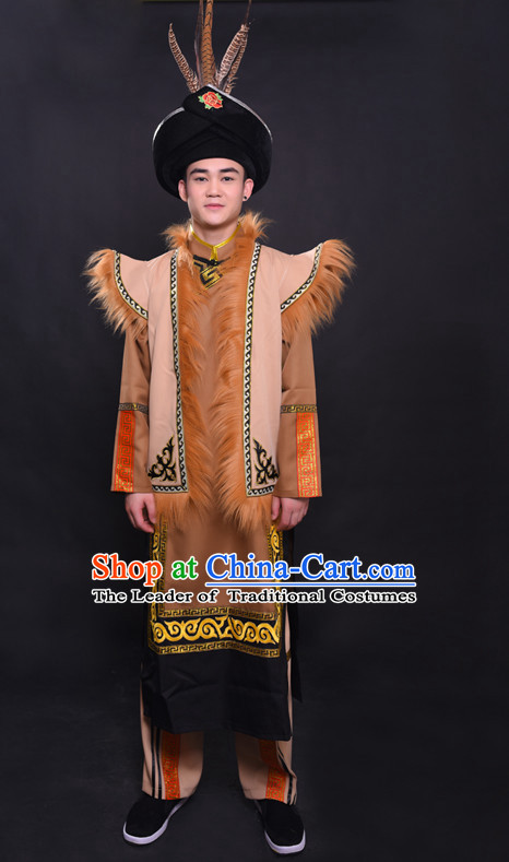 Chinese Qiang Nationality Folk Dance Ethnic Wear China Clothing Costume Ethnic Dresses Cultural Dances Costumes Complete Set for Men Boys