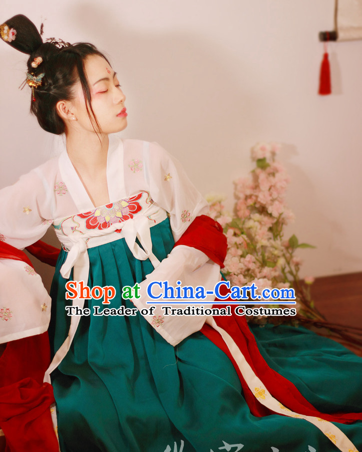 Traditional Chinese Tang Dynasty Hanfu Suits Clothes Dresses Skirt and Hair Jewelry Complete Set for Women