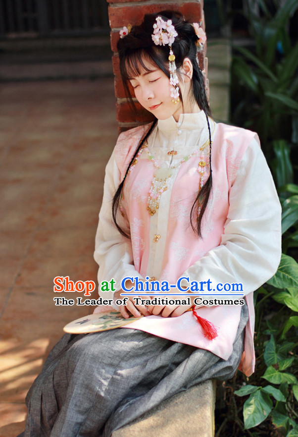 Traditional Chinese Pink Ming Dynasty Hanfu Suits Clothes Dresses Skirt and Hair Jewelry Complete Set for Women