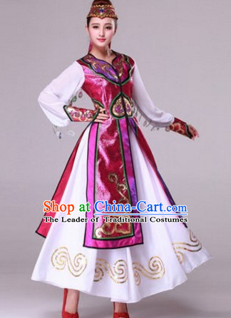 Chinese Mongolian Dance Costumes Traditional Chinese Clothing Dress Dancewear Dance Clothes Outfits Dresses and Hat Complete Set for Women