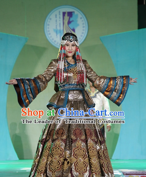 Traditional Mongolian Clothing Ancient Ethnic Queen Garment and Hat Complete Set for Women