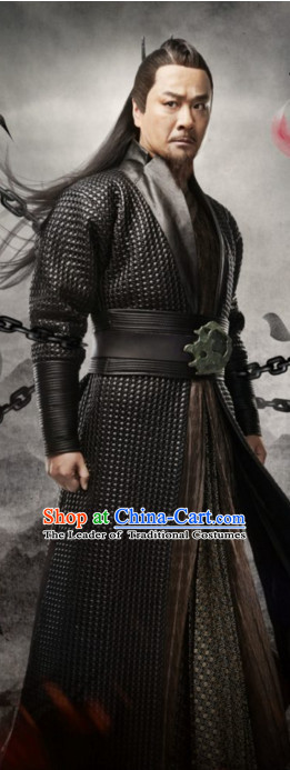 Ancient Chinese Traditional Swordsman Black Costumes and Hair Accessories Complete Set for Men