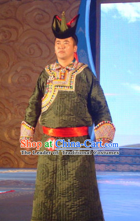 Chinese Traditional Ethnic Mongolian Dress Wear Clothing and Hat Complete Set