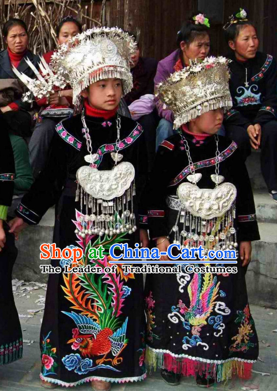 Chinese Miao Ethnic Clothing Minority Clothing Cultural Costumes and Hat Complete Set for Kids