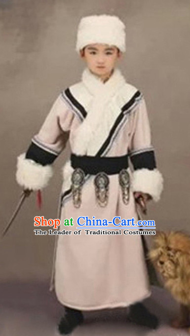 Chinese Ancient Mongolian Kids's Clothing _ Apparel Chinese Traditional Dress Theater and Reenactment Costumes and Hat Complete Set
