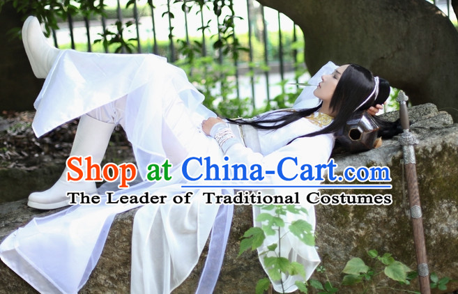 Pure White Chinese Swordsman Hanfu Clothing Theater and Reenactment Costumes Complete Set