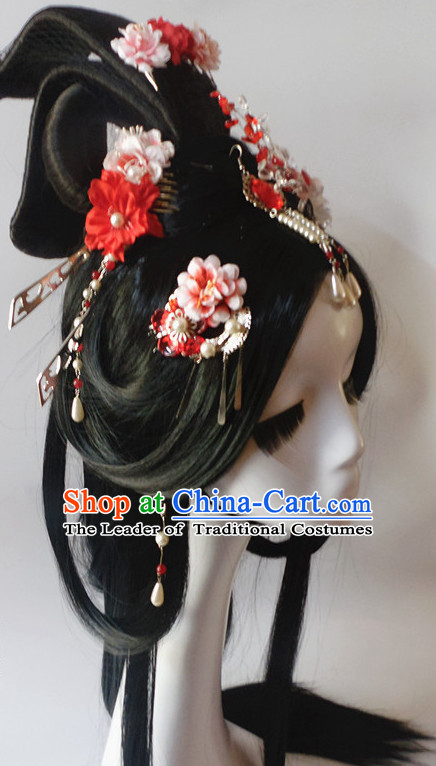 Black Chinese Classical Fairy Long Wigs and Headwear Crowns Hats Headpiece Hair Accessories Jewelry Set