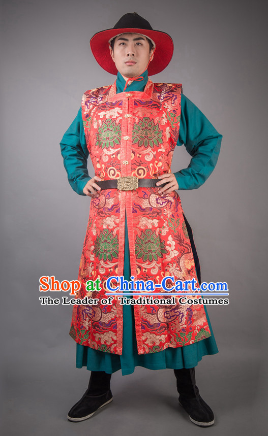 Chinese Ming Dynasty General Han Fu Costumes Men Hero Clothing Male Costume and Hat Complete Set