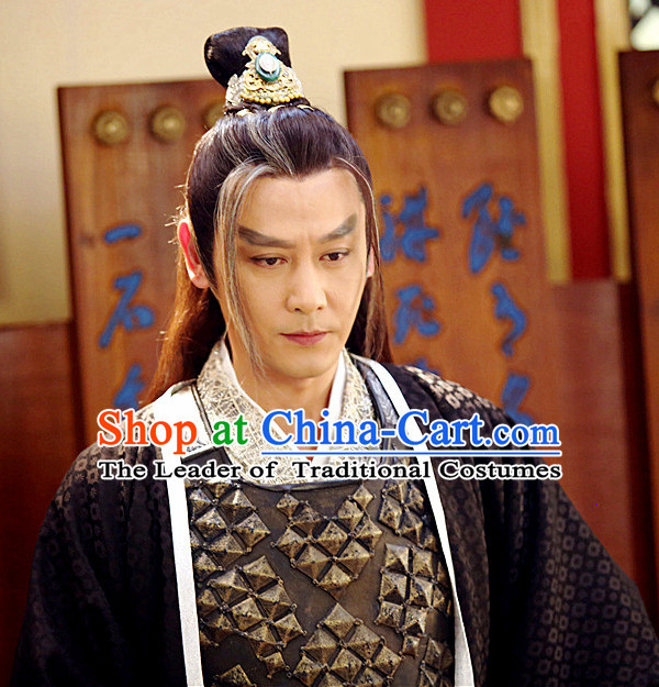 Chinese Ancient Kung Fu Male Long Wigs and Coronet