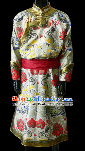 Chinese Yellow Mongolian Minority Emperor Mongol Long Robe Mongolia Prince Clothing Ethnic Traditional Costumes Complete Set
