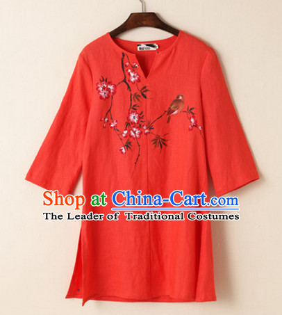 Top Chinese Traditional Hands Painted Birds and Flower Blouse Clothing for Ladies