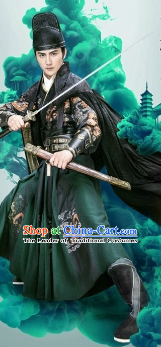 Ancient Chinese Ming Dynasty Knight Swordsman Clothes Costumes Clothing and Hat Complete Set for Men