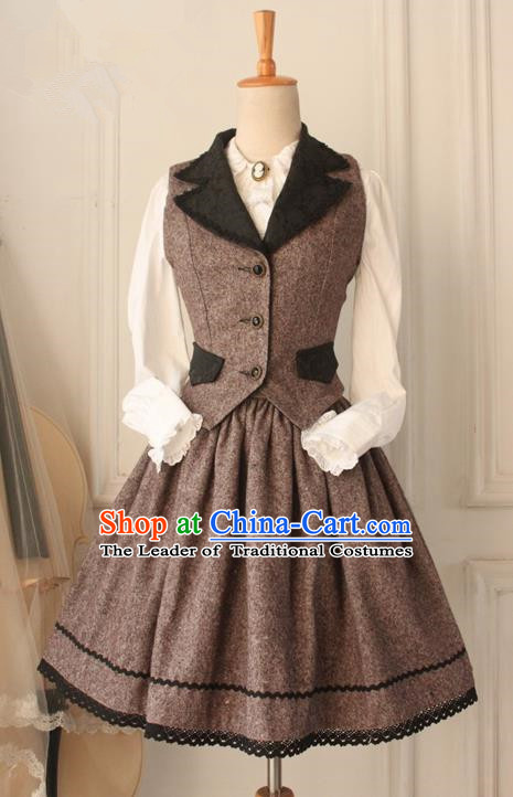Traditional Classic Women Clothing, Traditional Classic Woolen Dress, British Restoring Ancient Striped Wool Vest and Long Skirt Complete Set for Women