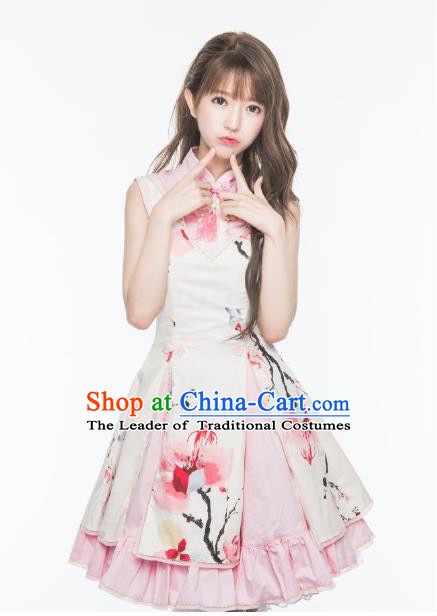 Traditional Classic Chinese Elegant Women Costume Ink Painting One-Piece Dress, Restoring Ancient Princess Stand Collar Dress for Women