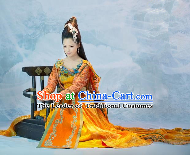 Traditional Chinese Minority Nationality Costumes Ancient Imperial Princess Wedding Costumes, Ancient Chinese Cosplay Queen Princess Embroidery Costume and Hair Accessories Complete Set for Women