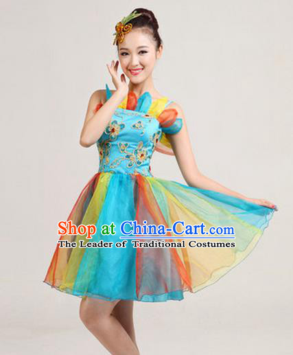 Traditional Chinese Classical Modern Dance Colorful Bubble Dress, Yangge Fan Dancing Costume Umbrella Dance Suits, Folk Dance Yangko Costume for Women