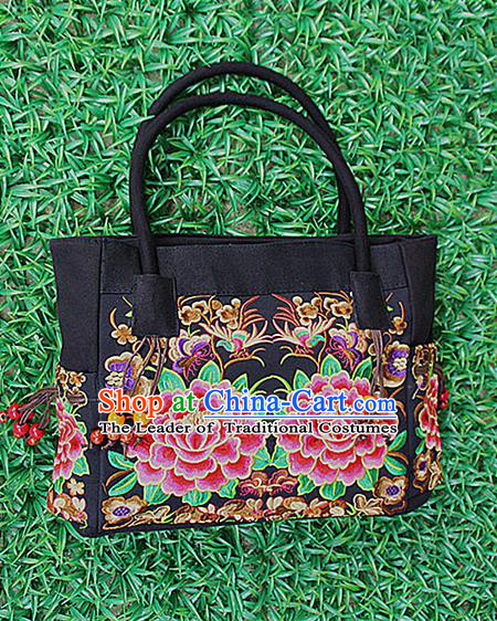 Traditional Chinese Miao Nationality Palace Handmade Double-Sided Embroidery Peony Handbag Hmong Handmade Embroidery Canvas Bags for Women