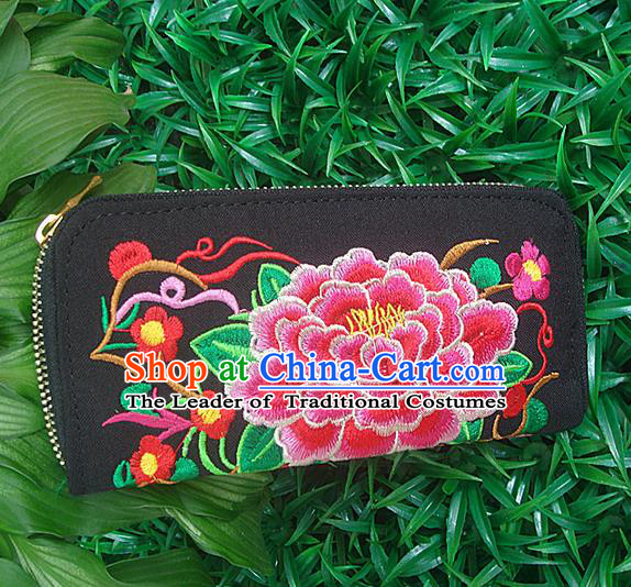 Traditional Chinese Miao Nationality Palace Handmade Double-Sided Embroidery Peony Handbag Wallet Hmong Handmade Embroidery Purse for Women