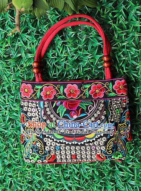Traditional Chinese Miao Nationality Palace Handmade Double-Sided Embroidery Handbag Hmong Handmade Embroidery Canvas Single Shoulder Bags for Women