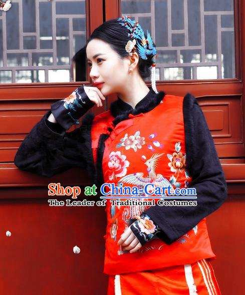 Traditional Classic Women Clothing, Traditional Classic Chinese Silk Red Satin Embroidered Rabbit Fur Vest China Vests
