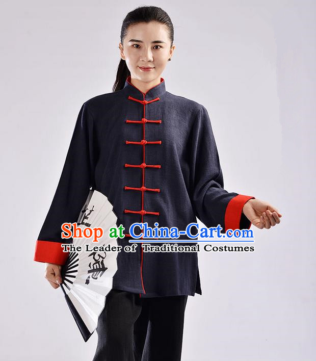 Traditional Chinese Top Thicken Linen Kung Fu Costume Martial Arts Kung Fu Training Uniform Tang Suit Gongfu Shaolin Wushu Clothing Tai Chi Taiji Teacher Suits Uniforms for Women