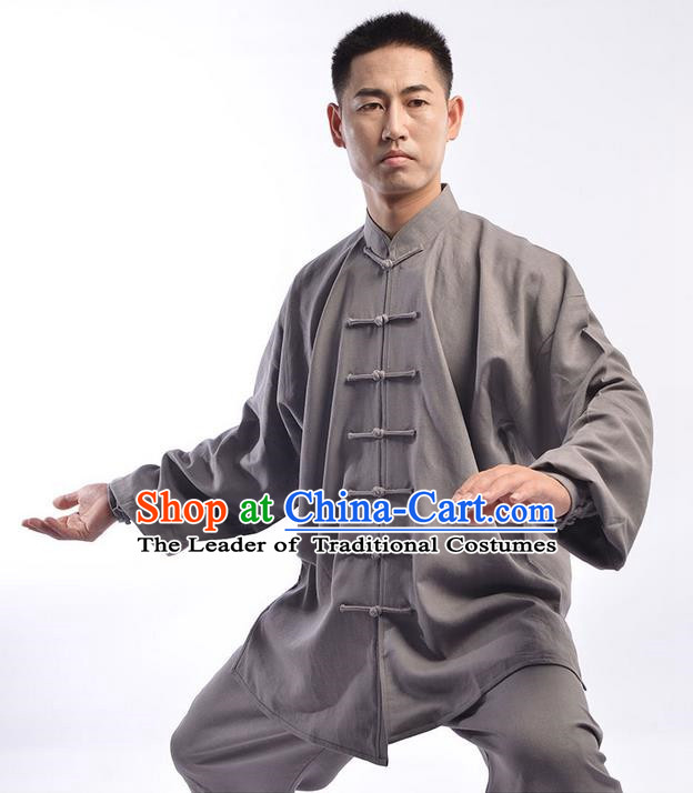 Top Chinese Traditional Natural Linen Kung Fu Costume Martial Arts Kung Fu Training Uniform Gongfu Shaolin Wushu Clothing Tai Chi Taiji Teacher Suits Uniforms for Men