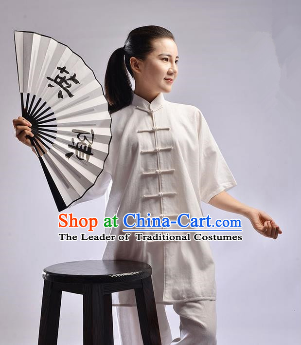 Traditional Chinese Linen Kung Fu Short Sleeve Costume Martial Arts Kung Fu Training Uniform Tang Suit Gongfu Shaolin Wushu Clothing Tai Chi Taiji Teacher Suits Uniforms for Women