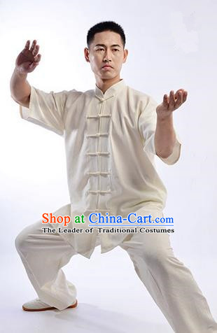 Traditional Chinese Linen Kung Fu Short Sleeve Costume Martial Arts Kung Fu Training Uniform Tang Suit Gongfu Shaolin Wushu Clothing Tai Chi Taiji Teacher Suits Uniforms for Men