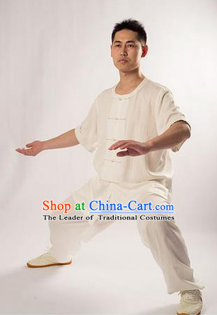 Traditional Chinese Fine Linen Short Sleeve Kung Fu Costume Martial Arts Kung Fu Training Uniform Tang Suit Gongfu Shaolin Wushu Clothing Tai Chi Taiji Teacher Suits Uniforms for Men