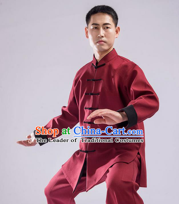 Traditional Chinese Double Flocking Linen Kung Fu Costume Martial Arts Kung Fu Training Uniform Tang Suit Gongfu Shaolin Wushu Clothing Tai Chi Taiji Teacher Suits Uniforms for Men