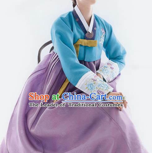Traditional Korean Costumes Bride Wedding Blue Blouse and Purple Silk Dress, Korea Hanbok Princess Court Embroidered Clothing for Women