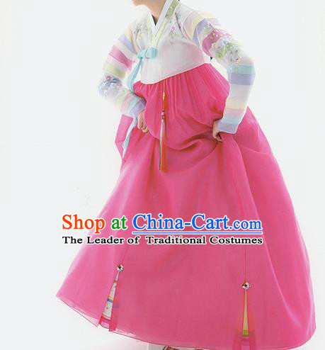 Traditional Korean Costumes Princess White Blouse and Pink Dress, Korea Hanbok Court Embroidered Clothing for Women